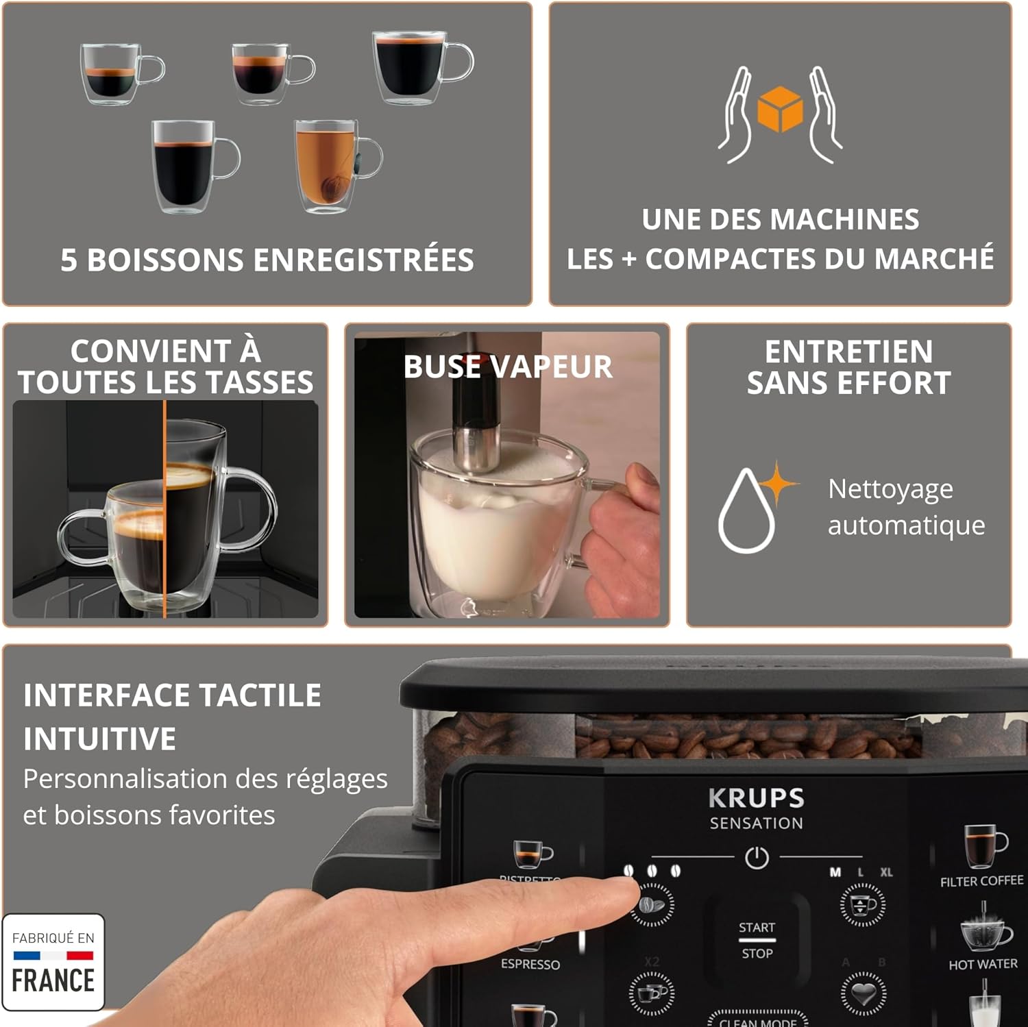 Krups Sensation C50, Machine à café grains, machine expresso, 5 boissons accès direct, Interface tactile, Facile à utiliser, Nettoyage automatique, Buse vapeur Cappuccino, Fabriqué en France EA910810