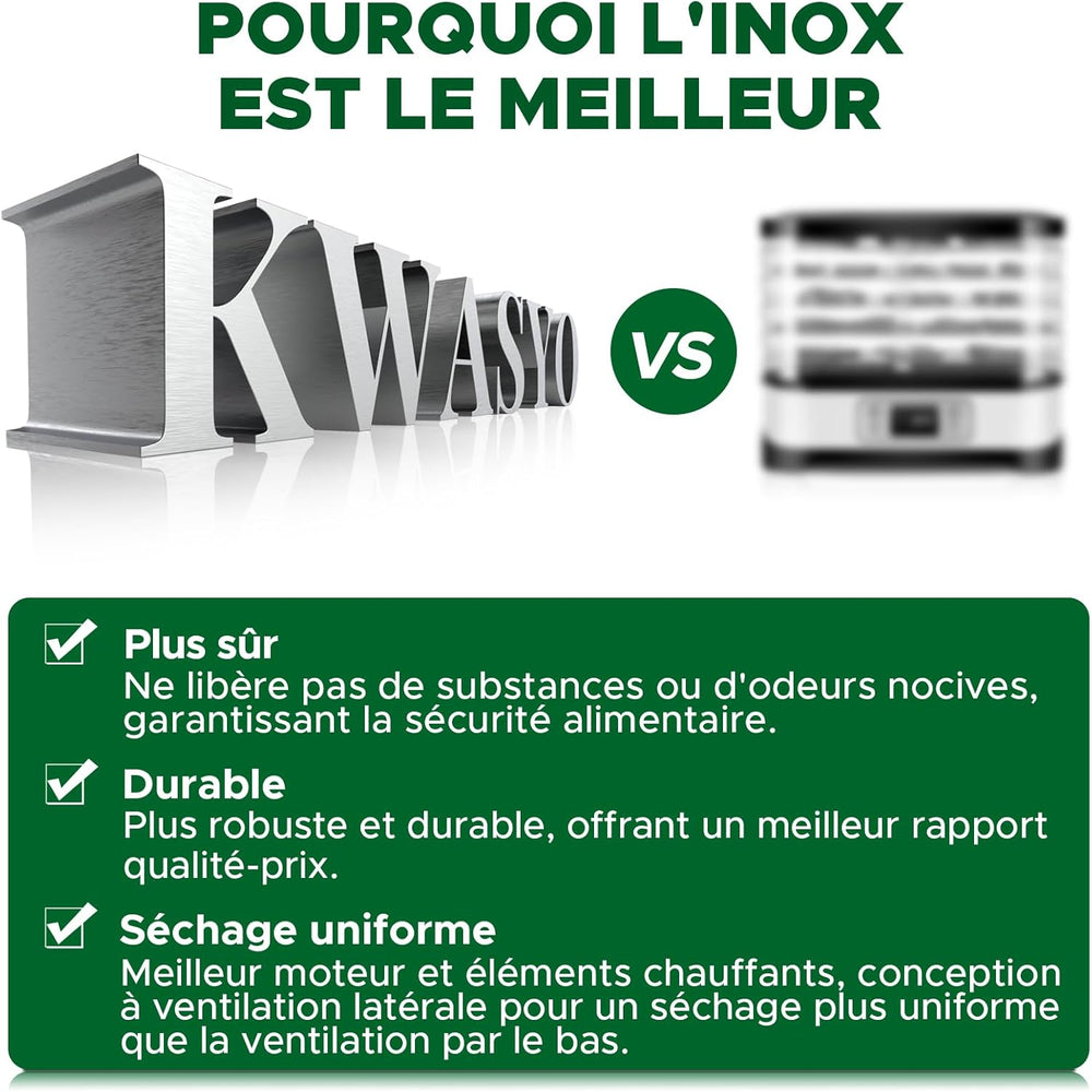 Kwasyo Food Dehydrator Stainless Steel 8 Trays Temperature Regulator 30-90°C 24H Timer Function BPA Free Dehydrator for Fruit, Meat, Vegetables