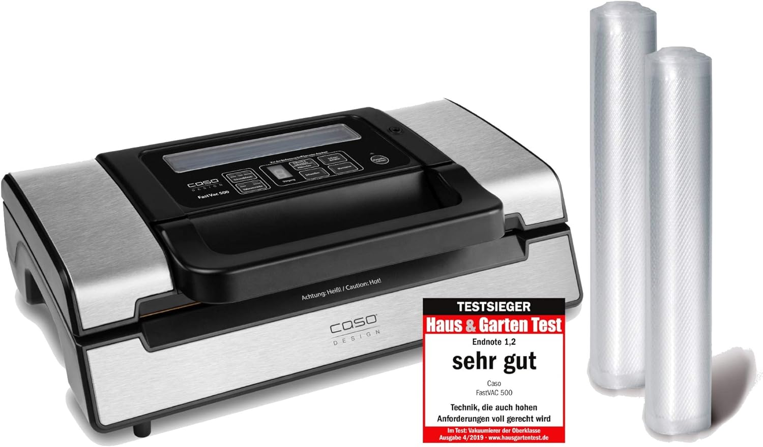 Caso FastVac 500, Professional Commercial Vacuum Sealer, Stainless Steel, Double Piston Pump, 15 Litres/Minute, Includes 2 Free Foil Rolls
