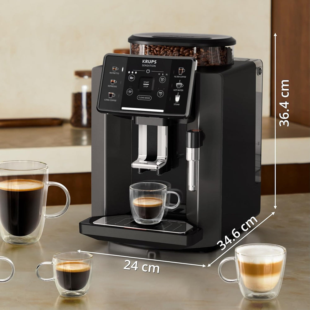 Krups Sensation C50, Machine à café grains, machine expresso, 5 boissons accès direct, Interface tactile, Facile à utiliser, Nettoyage automatique, Buse vapeur Cappuccino, Fabriqué en France EA910810