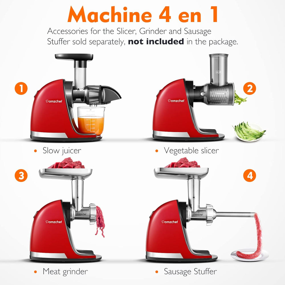 AMZCHEF Extracteur Jus - Extracteur de Jus de Fruits et Légumes - Presses-agrumes à Froid sans BPA avec 2 Tasses et Brosse - Fonction de Mastication Inversée pour Éviter les Blocages - Argent