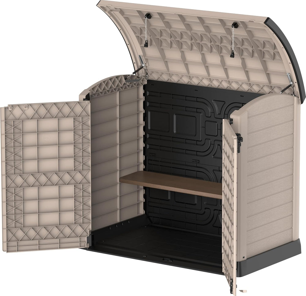 Duramax StoreAway 1200L Plastic Garden Shed/ Flat Lid, Outdoor Storage Shed, Wheelie Bin Hideaways, Wheelie bin box, Durable Construction, Ideal for Bikes, BBQs & 2x 240L Bins, 145x85x125 cm, Brown