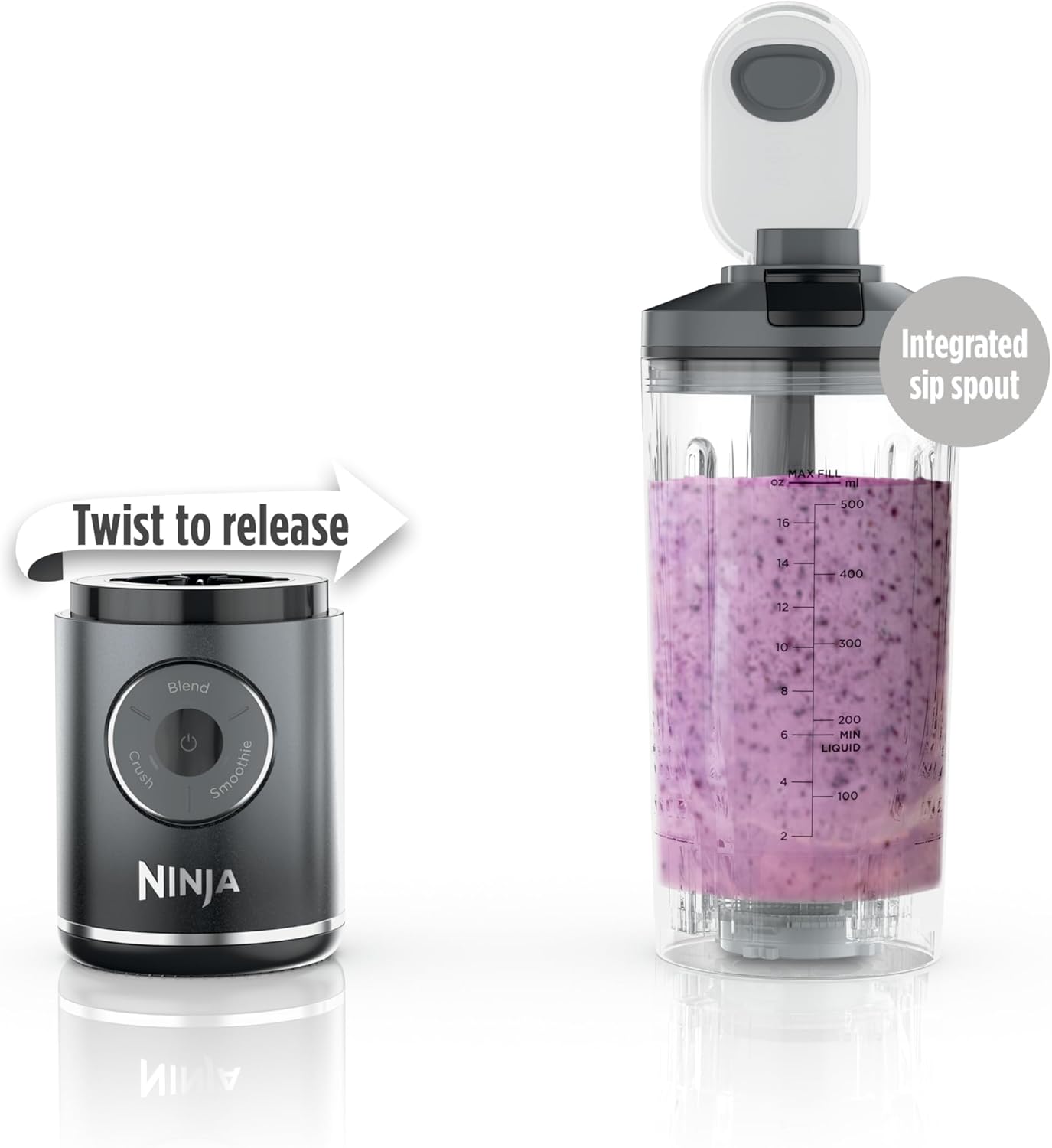 Ninja Blast Max, Portable Blender + Twist & Go, Personal Smoothie, Blend, Ice Crush, 3 Programs, Cordless, 22 oz removable Vessel, Dishwasher Safe, Leakproof, Pink, BC251PK