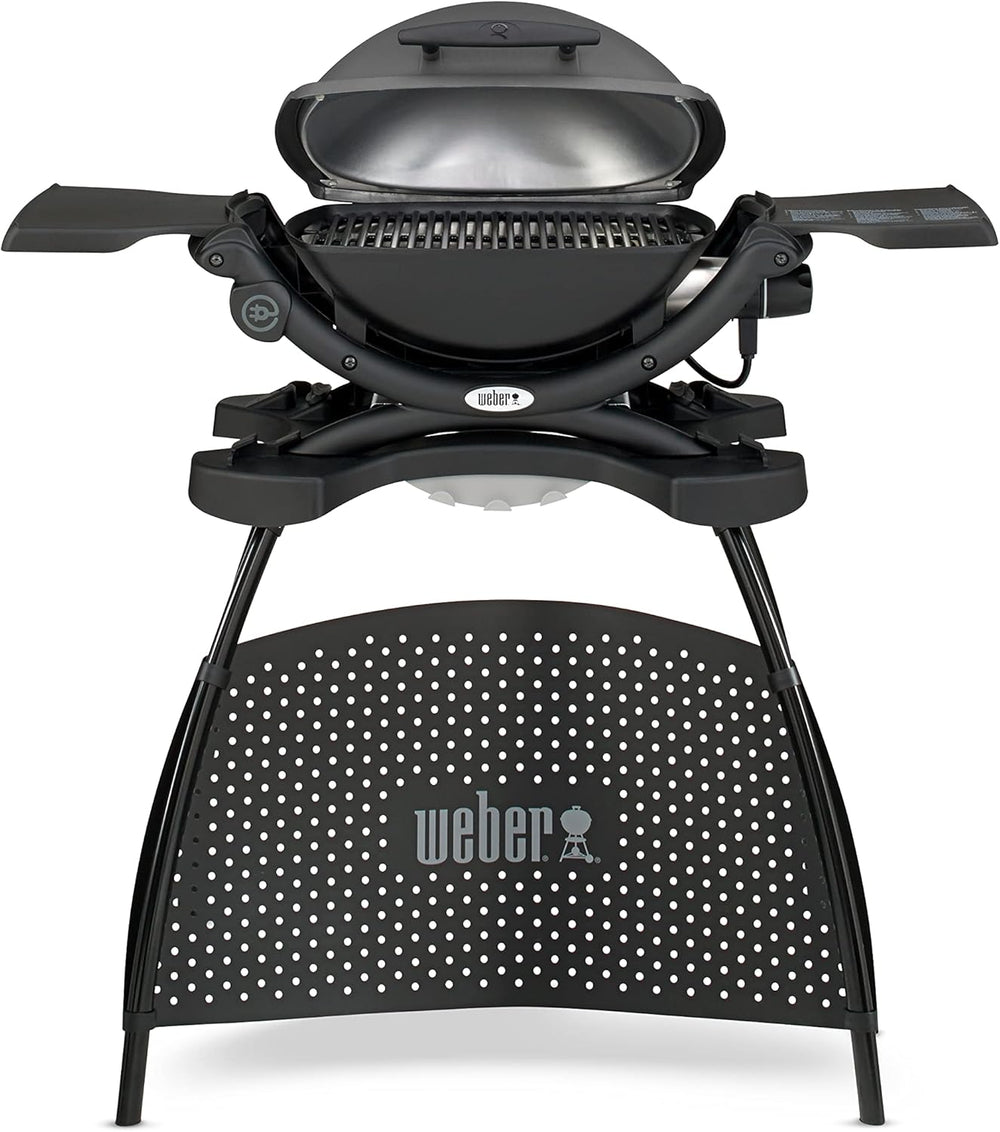 Weber Q1400 Barbecue électrique avec support, surface de cuisson 43 x 32 cm, nomade, grille en fonte émaillée divisée en 2 parties, couvercle et cuve en fonte d'aluminium - Gris foncé (52020853)