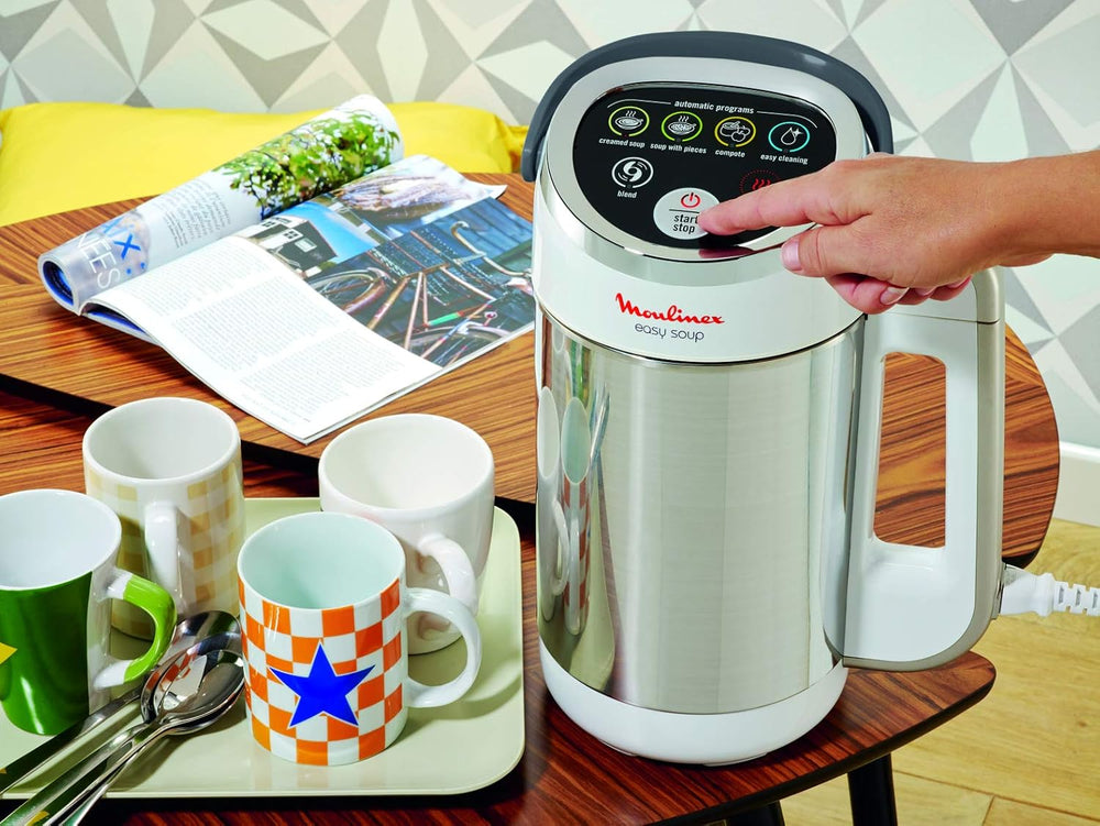 Moulinex Blender chauffant, Mixeur soupe, Puissance 1000 W, Capacité 1,2 L, 5 programmes automatiques, Double paroi, Maintien au chaud 40 min, Livret recettes, Easy Soup, Inox LM841B10