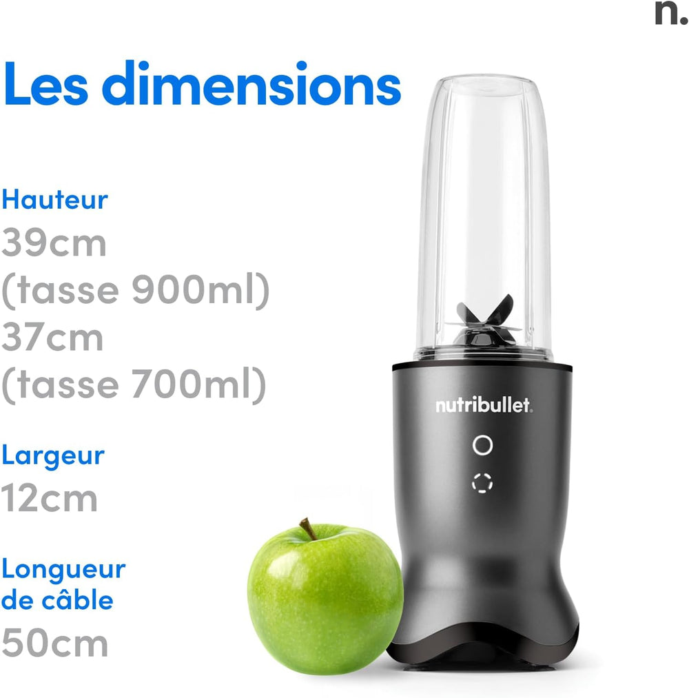 Nutribullet Pro 1200, Blender électrique, Broyeur, Smoothie Blender, Blender multifonctions, puissance 1200w, verres 700ml et 900ml, noir, NB120MB