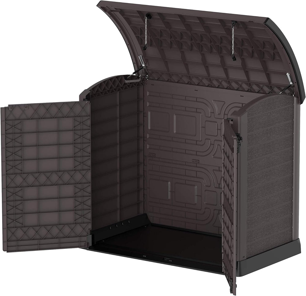 Duramax StoreAway 1200L Plastic Garden Shed/ Flat Lid, Outdoor Storage Shed, Wheelie Bin Hideaways, Wheelie bin box, Durable Construction, Ideal for Bikes, BBQs & 2x 240L Bins, 145x85x125 cm, Brown