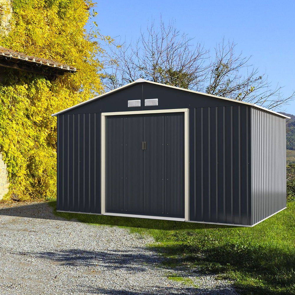 Abri de Jardin en Métal & Extension 10.85㎡ avec 2 Portes Coulissantes Verrouillables 4 Trous d’Aération Gris pour Vélo
