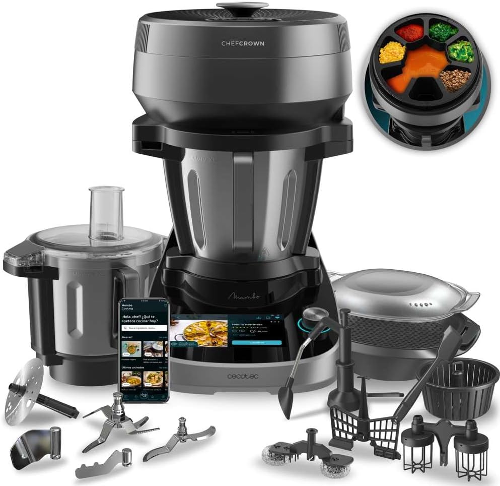 Cecotec Robot de Cuisine Mambo Black. 23 Fonctions, 10 Niveaux de Température, 1700W, 2,5 kg de Pâte, Cruche de 3,3L, 10 Vitesses, Minuterie, Température Réglable de 37 °C à 120 °C
