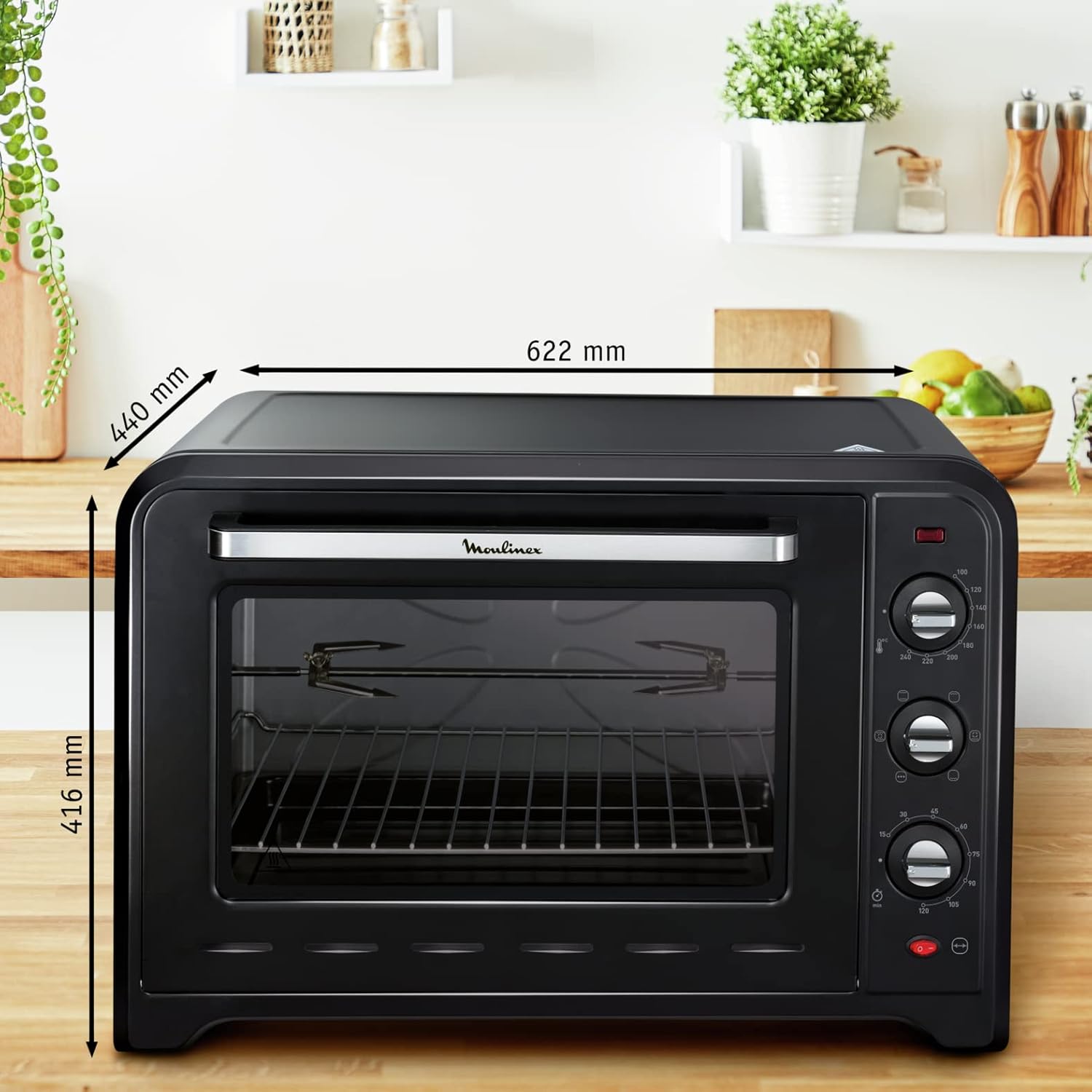 Moulinex Four électrique 39 L, 7 modes de cuisson, Chaleur tournante, Thermostat réglable jusqu’à 240° C, Tournebroche, Minuteur 120 min, Grille réversible, Optimo noir OX485810