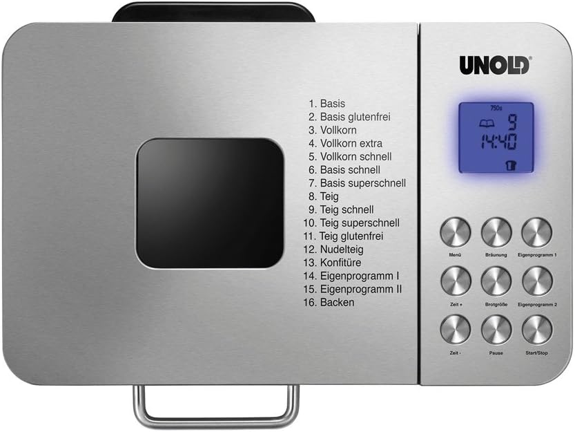 UNOLD Machine à pain Backmeister Edel, 550 W, poids du pain 750-1000 g, revêtement céramique, 68456, argent, L 26,7 cm X l 36,9 cm X H 30,6 cm
