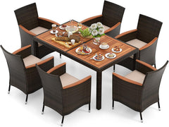 GIANTEX Salon de Jardin 6 Personnes en Rotin et Bois d'Acacia, Table de Jardin Extérieure avec 6 Chaises, Coussins, Trou de Parasol, Pieds Réglables, pour Cour, Pique-Nique, Marron
