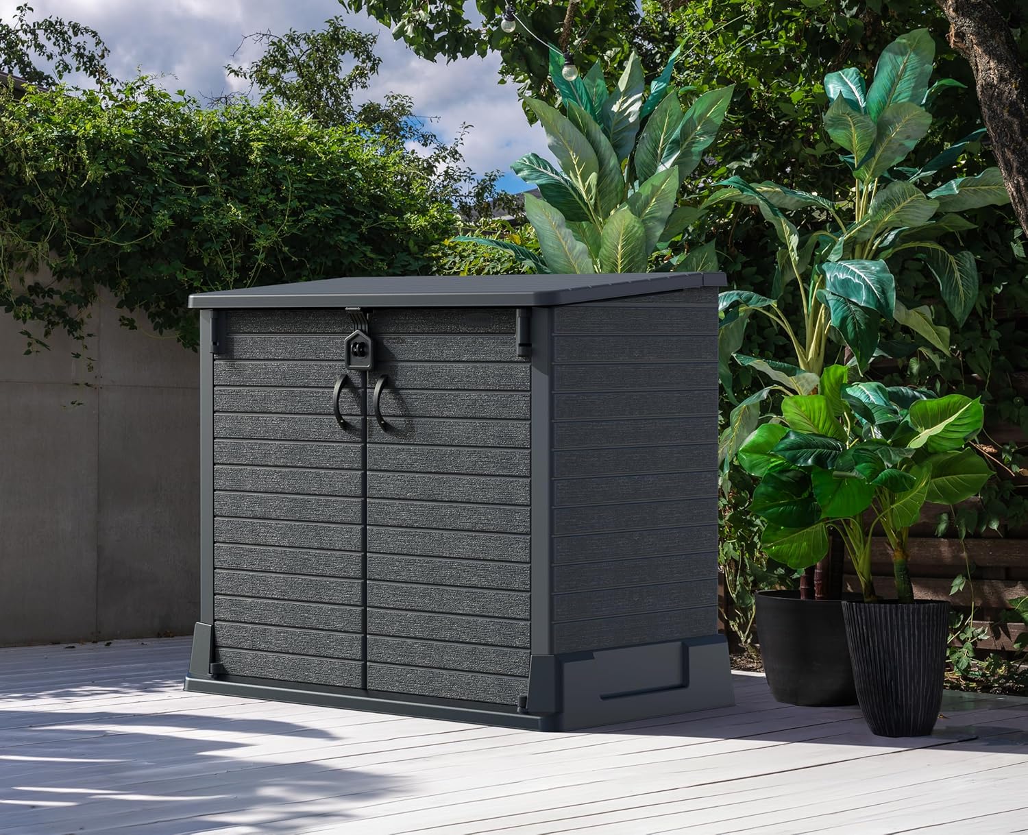 Duramax StoreAway 1200L Plastic Garden Shed/ Flat Lid, Outdoor Storage Shed, Wheelie Bin Hideaways, Wheelie bin box, Durable Construction, Ideal for Bikes, BBQs & 2x 240L Bins, 145x85x125 cm, Brown