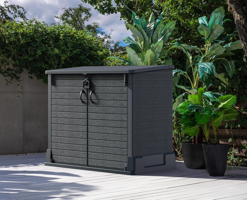 Duramax StoreAway 1200L Plastic Garden Shed/ Flat Lid, Outdoor Storage Shed, Wheelie Bin Hideaways, Wheelie bin box, Durable Construction, Ideal for Bikes, BBQs & 2x 240L Bins, 145x85x125 cm, Brown
