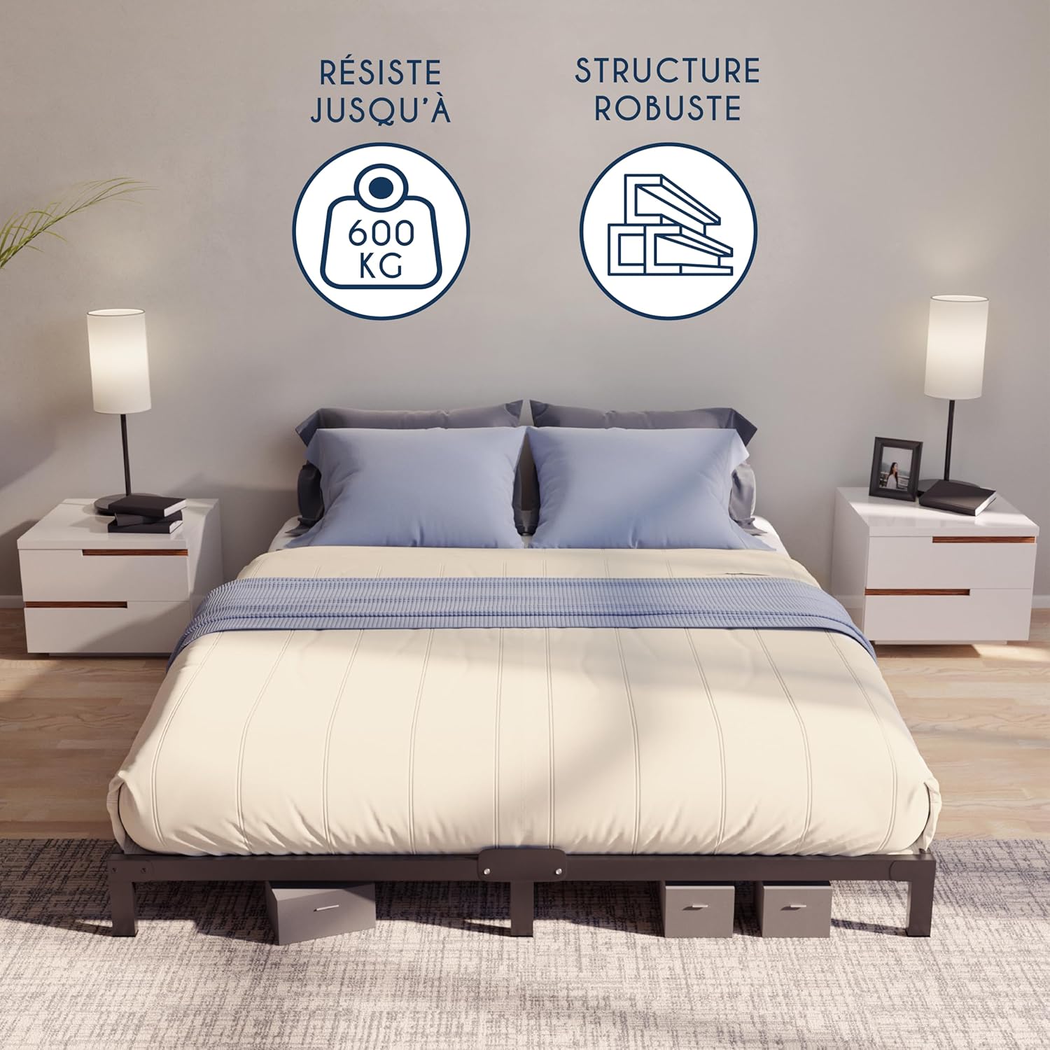 Dreamzie Cadre de Lit 160x200 avec Sommier - Sommier 160x200 avec Pieds - Hauteur de 35 cm - Structure Solide, Assemblage Facile et Espace de Rangement