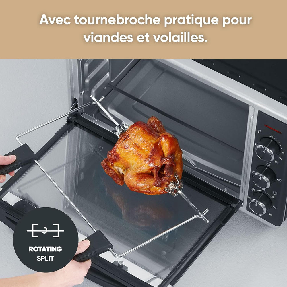 SEVERIN Mini-Four à chaleur tournante 42 L avec pierre à pizza et tournebroche, Four posable 1 800 W design élégant, électrique avec minuteur 120 min, Noir/Inox, TO 2058
