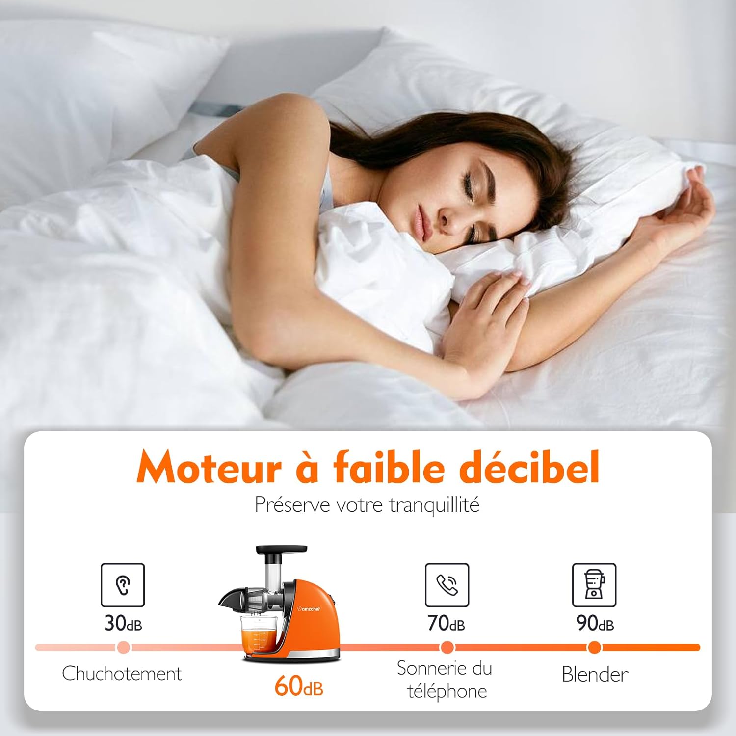 AMZCHEF Extracteur Jus - Extracteur de Jus de Fruits et Légumes - Presses-agrumes à Froid sans BPA avec 2 Tasses et Brosse - Fonction de Mastication Inversée pour Éviter les Blocages - Argent